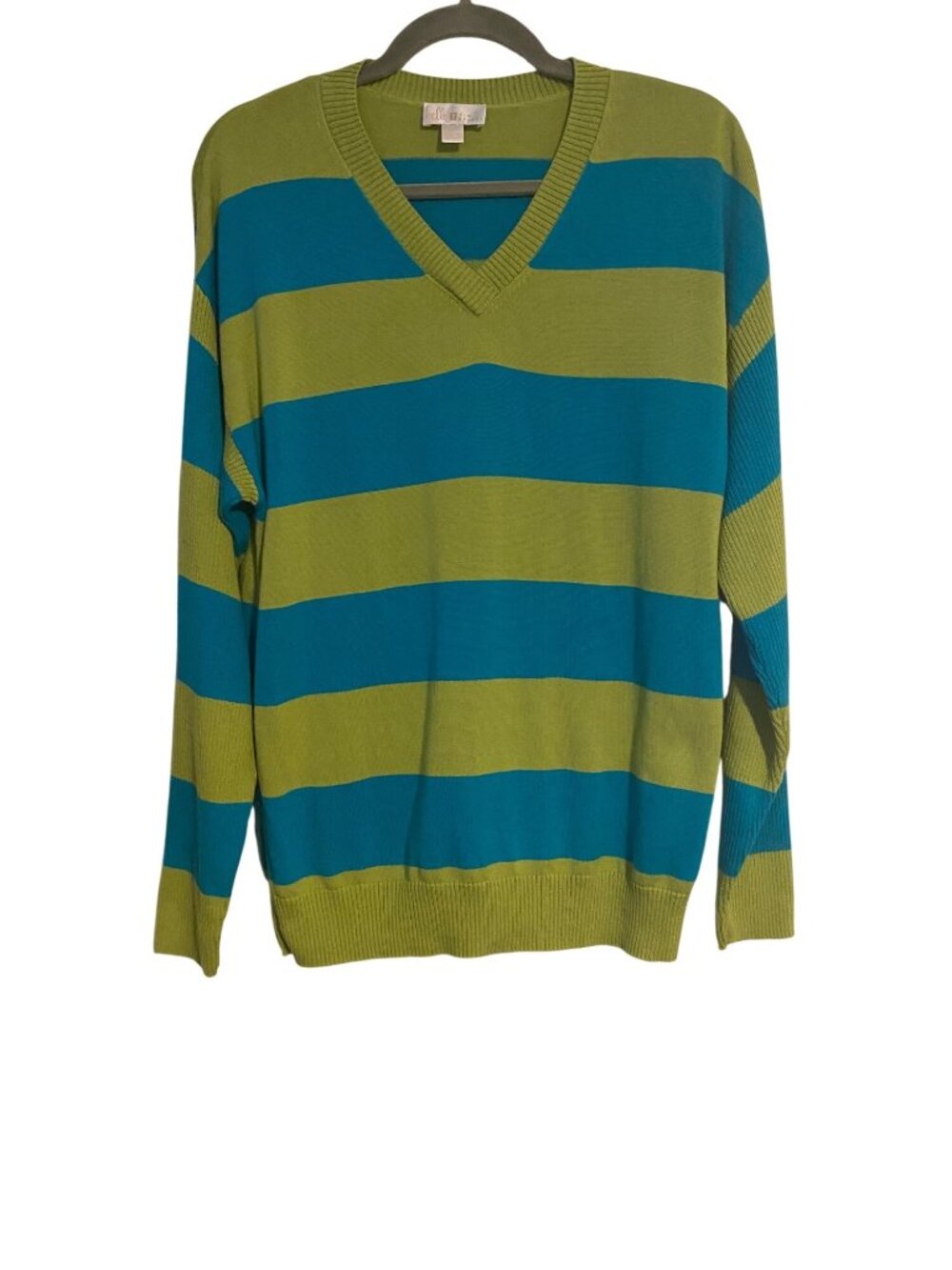 Belle Kim Gravel Women S Green Blue Striped V-Neck Sweater Oversized Colorful